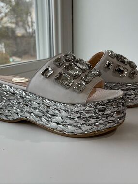 Ras White Jewel-Embellished Platform Mules with Silver Braided Wedge 37 US 6.5-7